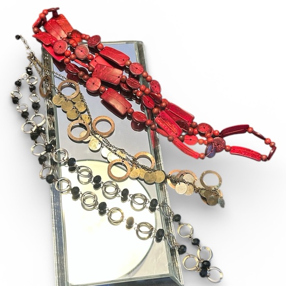 Jewelry - Vintage 80s Boho Lot 3 Chunky Necklaces Red Wood Copper Metal Silver Tone